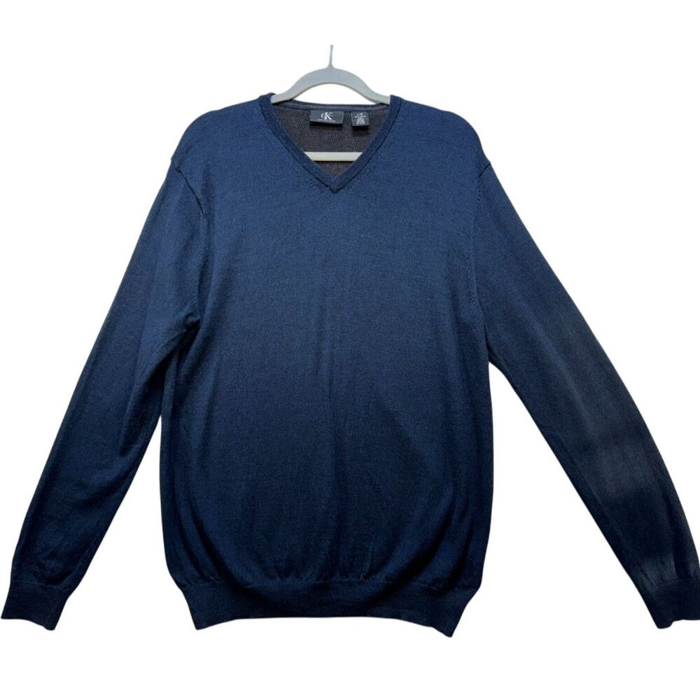 Calvin Klein Mens Merino Wool V-Neck Sweater L/G Navy Blue